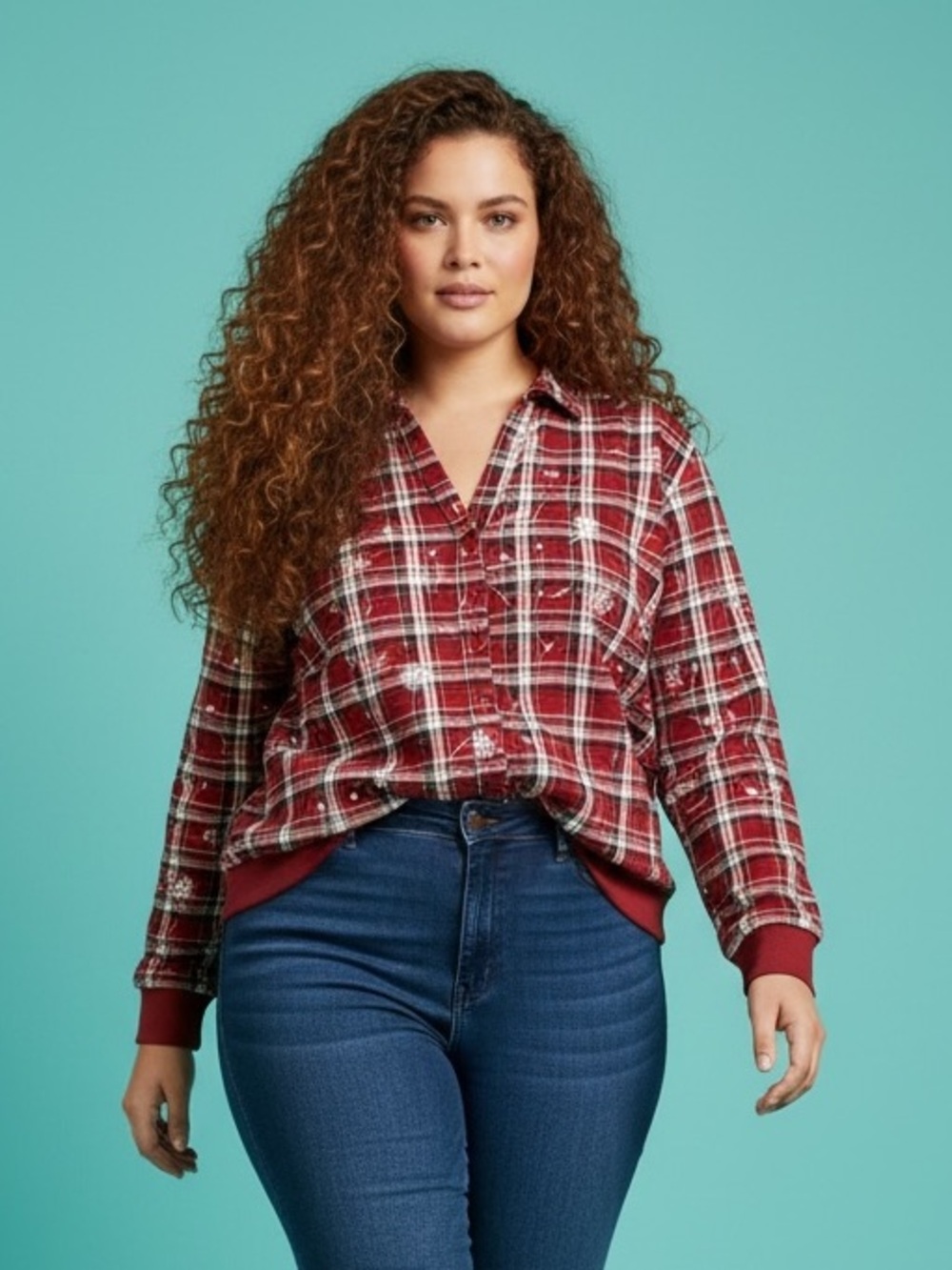 Dressbarn Womens Red Country Plaid Button Front Long Sleeve Blouse Plus Size 1X